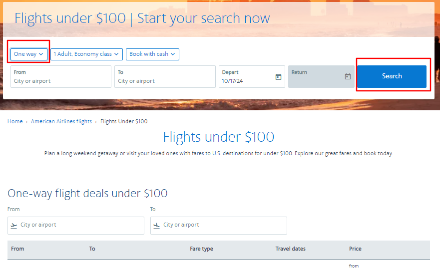 American Airlines one way flight under $100