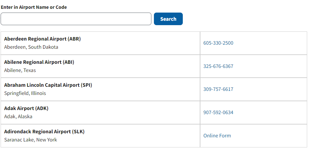 TSA Lost and Found contact list