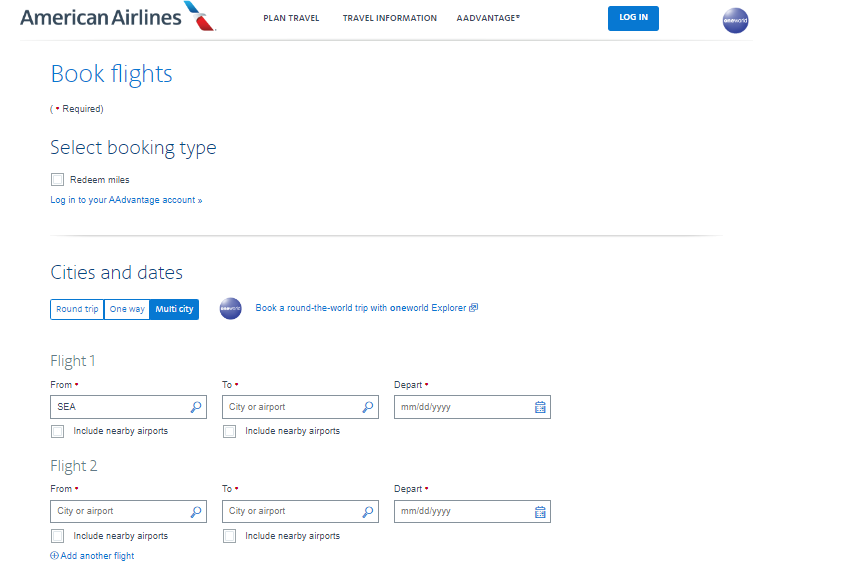 AA multi-city flight booking at aa.com